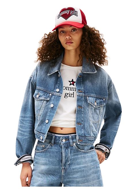 Giacca crop Tommy Girl oversize in denim con logo<BR/>